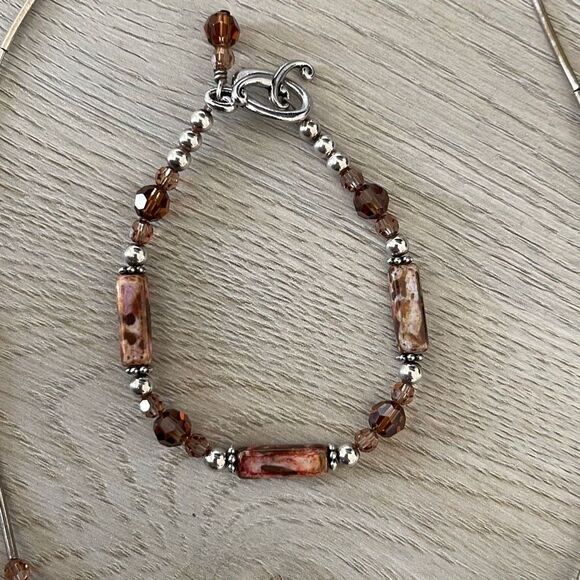 Handmade Unisex Pipe Beads Necklace And Bracelet 2 Piece Set Brown Silver OS - Picture 2 of 3